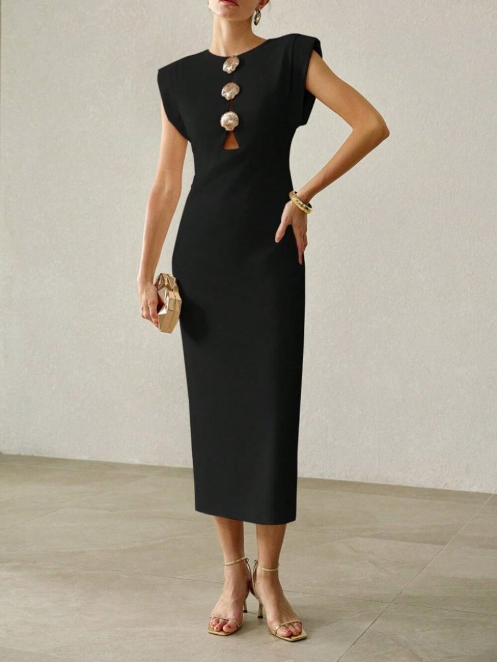 Black Shell Detailing Cutout Cap Sleeve Midi Sheath Dress